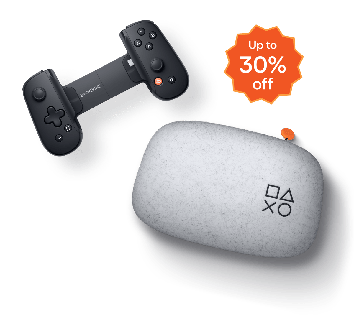 An image of a black Backbone One controller and a white Backbone carrying case, with a banner showing 30% off for Backbone+ Members.