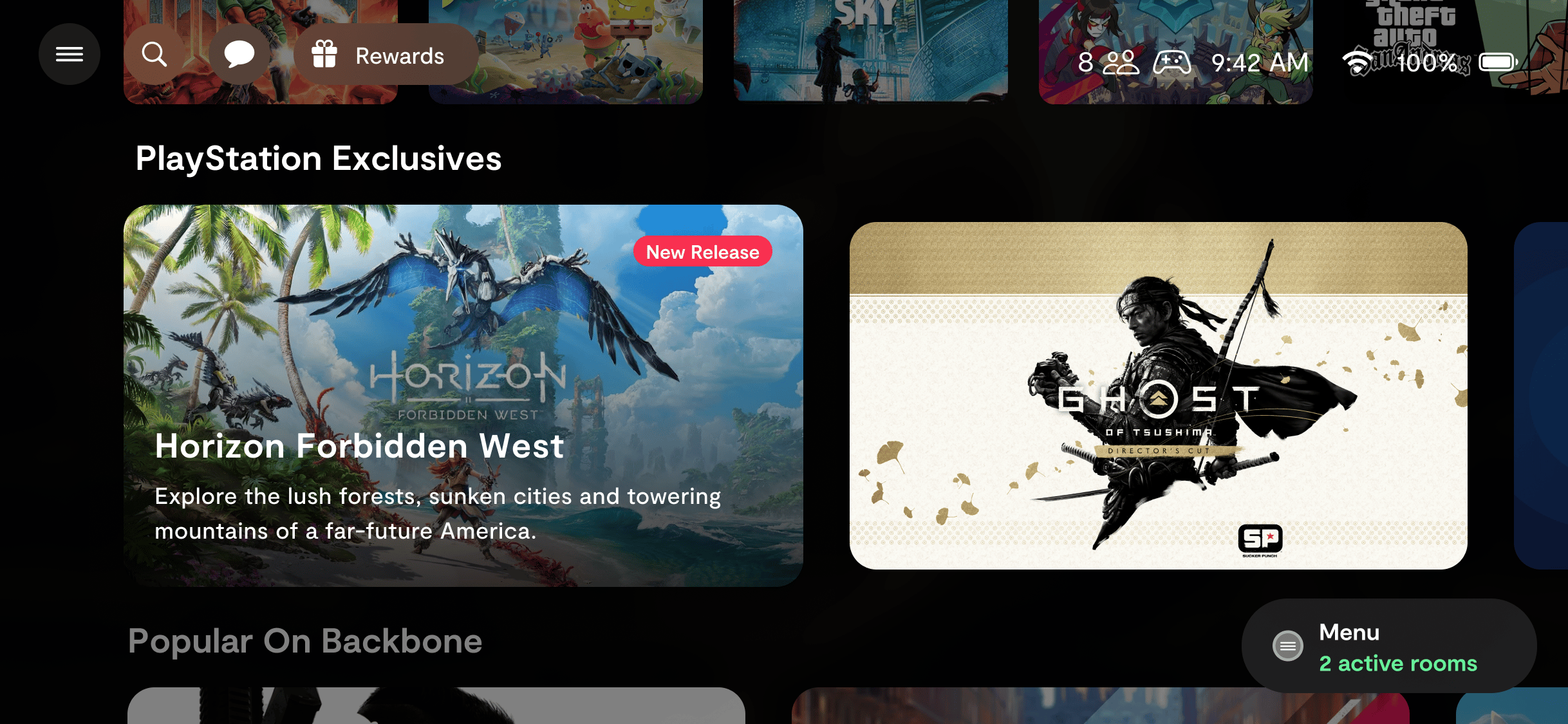 Screenshot of the Backbone app showing two PlayStation exclusive games. “Horizon Forbidden West” on the left, and “Ghost of Tsushima Director’s Cut” on the right.