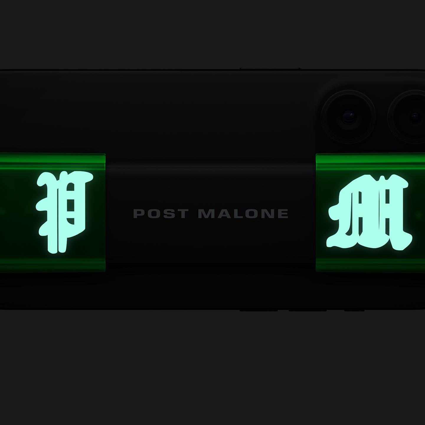 A never before seen Backbone design with a translucent green controller and glow-in-the-dark Post Malone logos on the front and back.