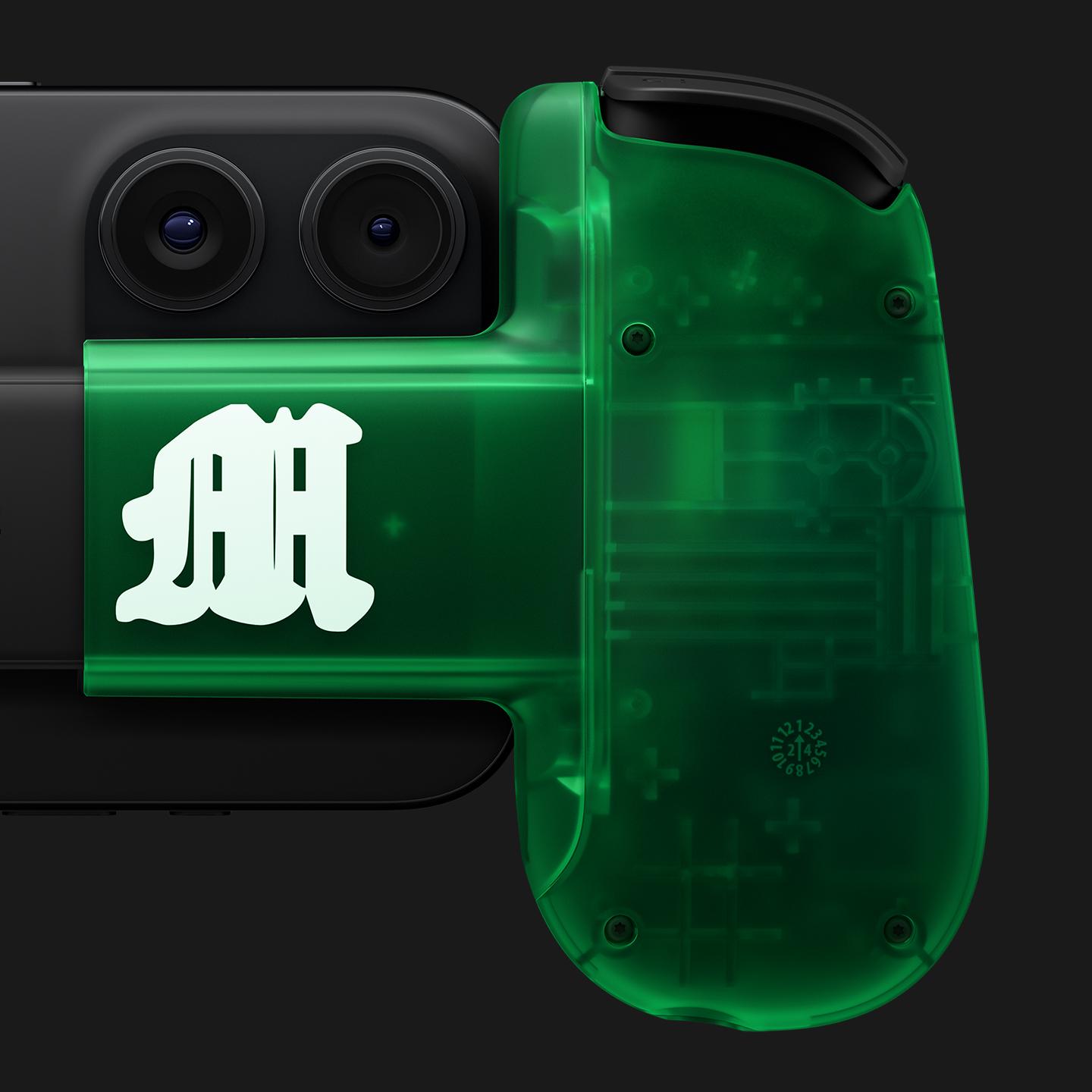 Featuring our Generation 2 style Backbone, this unique translucent green controller includes magnetic adapters, which allow for even better phone fit and support for a large assortment of phone cases.
