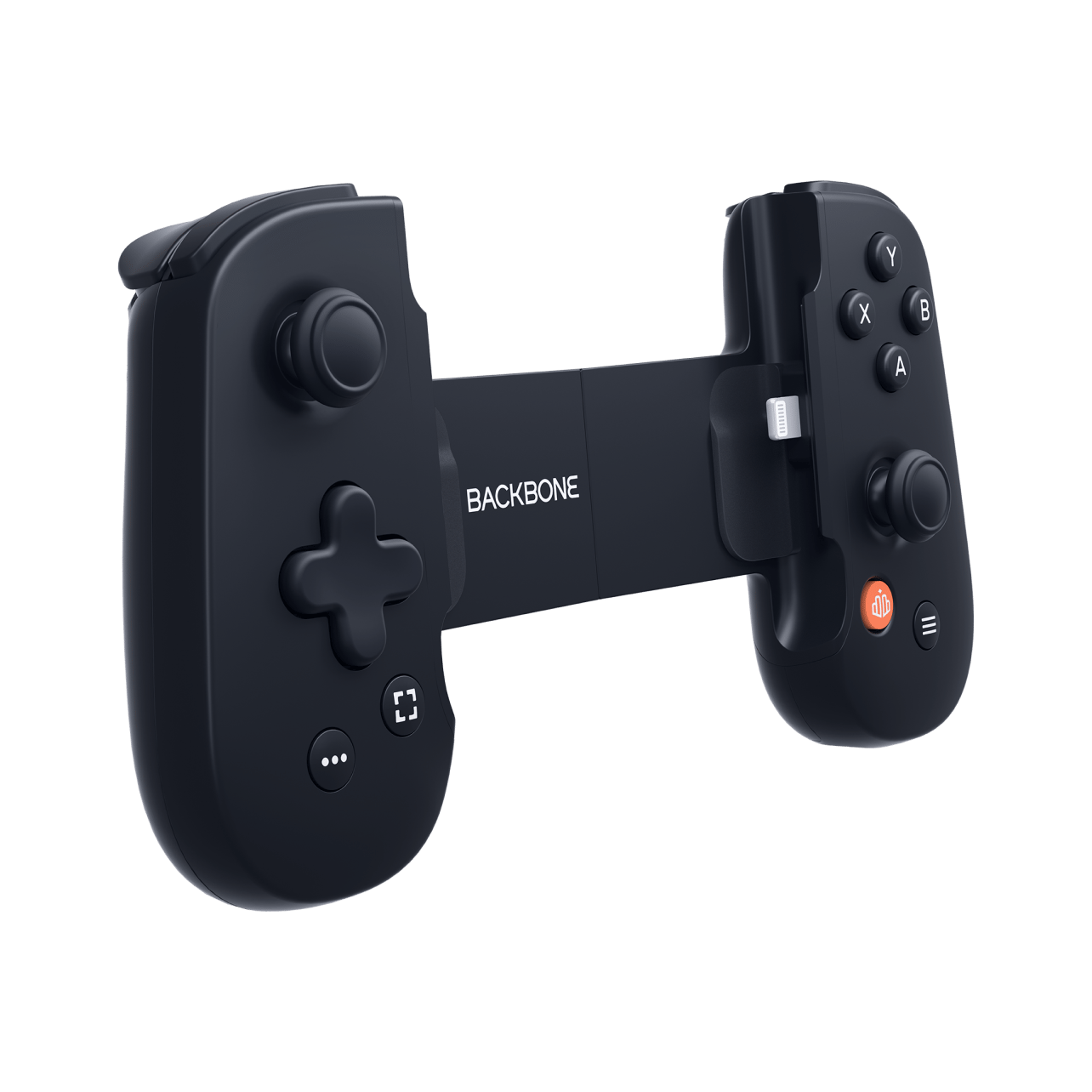 Backbone One iOS gaming controller angled side-on towards the screen without a mobile phone attached