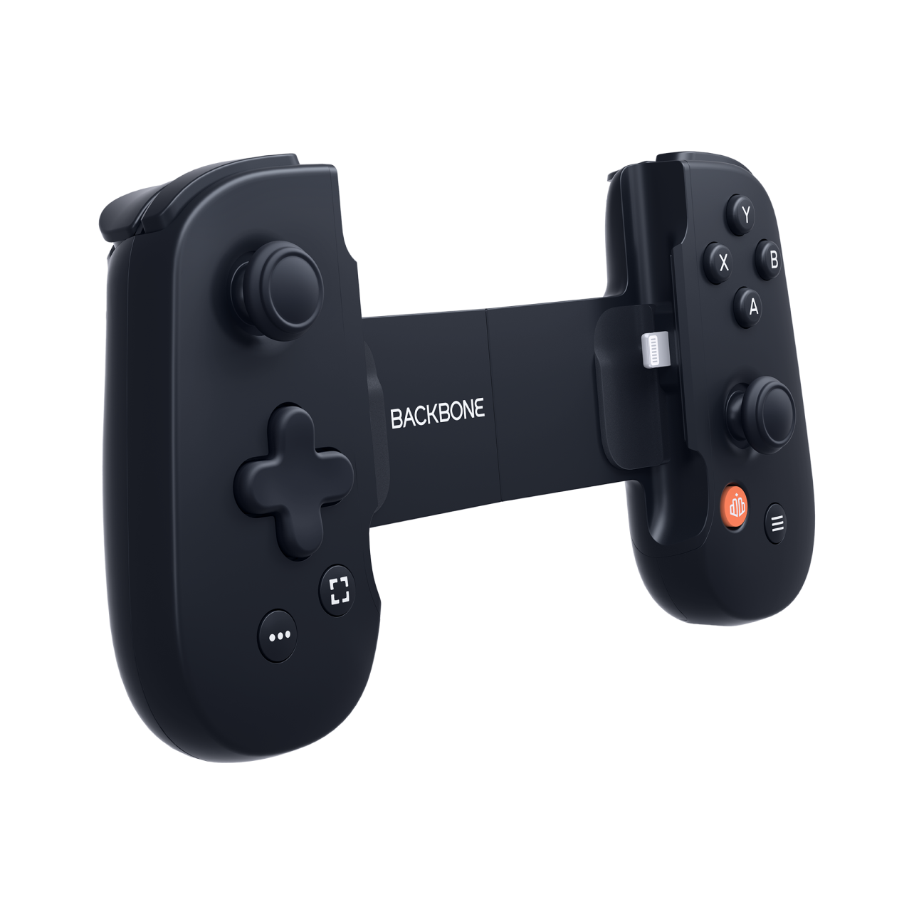 Backbone One iOS gaming controller angled side-on towards the screen without a mobile phone attached